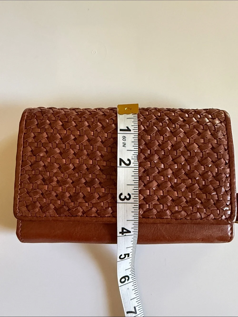 Woven Leather Foldover Wallet — Brown